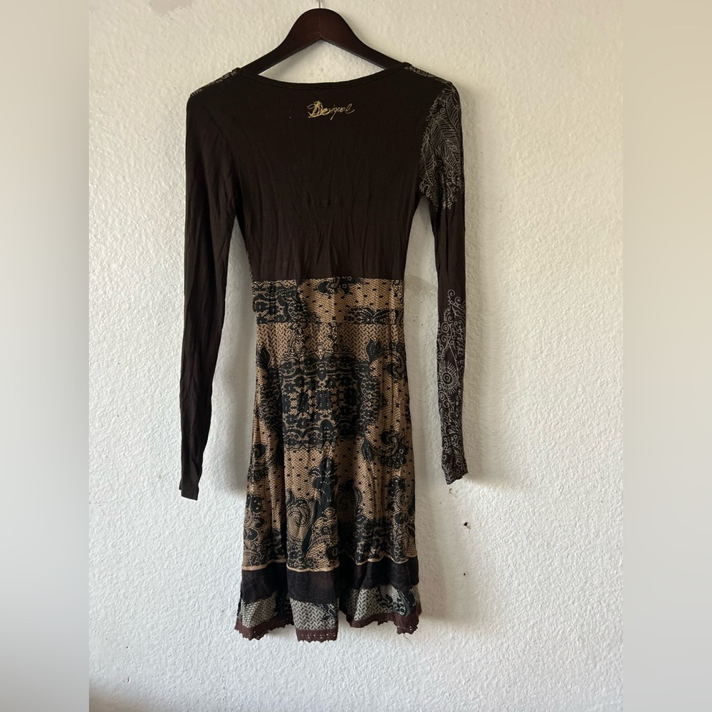 DESIGUAL Ladies Long Sleeve Scoop Neck A-line Brown TISDALE Dress XS Artsy Boho - Picture 11 of 16